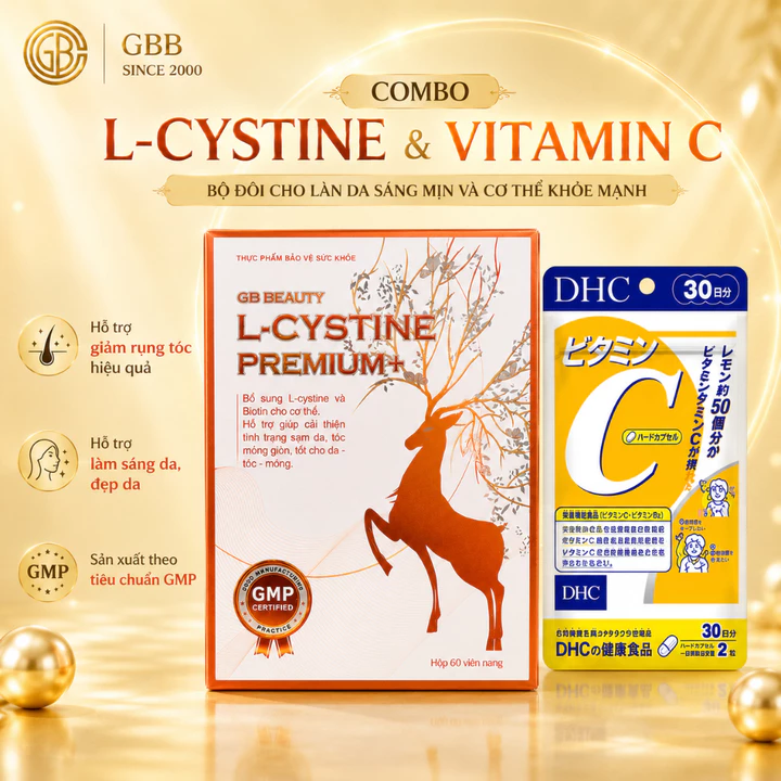 Combo GBB BEAUTY L-CYSTINE PREMIUM+ 60v + Vitamin C v cải thiện da, giảm rụng tóc, giảm mụn