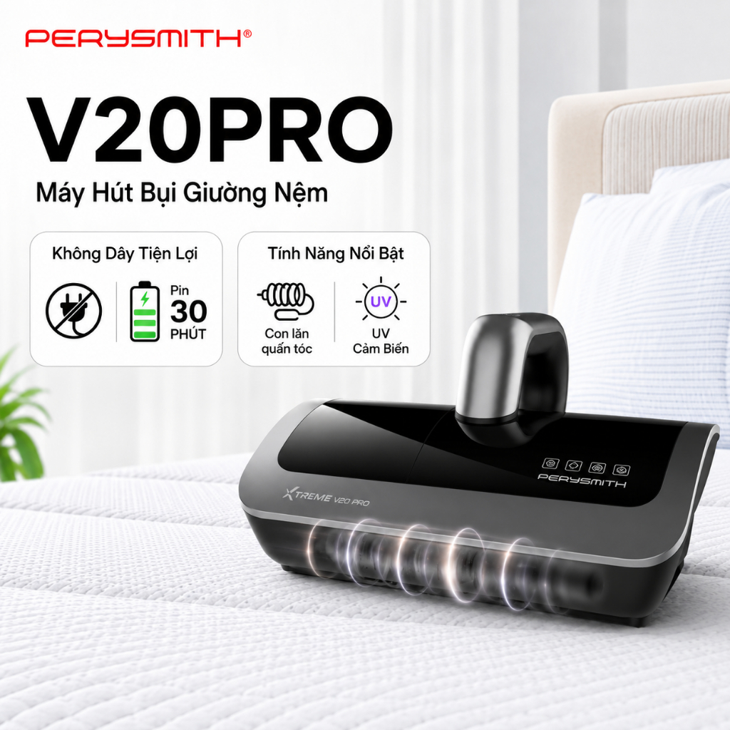 Máy Hút Bụi Giường Nệm PerySmith V20Pro, Không Dây, Gọn Nhẹ, Diệt Khuẩn, Hút Bụi Mịn, Có Đèn UV | BigBuy360 - bigbuy360.vn