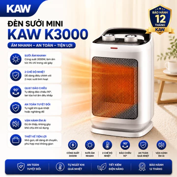 Đèn sưởi mini KAW K3000, Máy sưởi Ceramic mini, Quạt sưởi trong phòng làm ấm nhanh, Sưởi Gốm tự ngắt