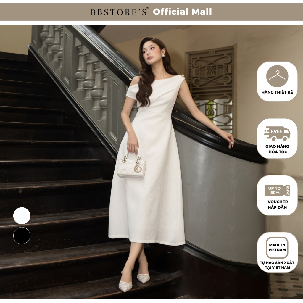 [DEAL XẢ KHO] BBSTORE'S Đầm Xòe Tiệc Nữ Cotton Dài Cổ Xéo Xếp Ly Eo Sang Chảnh - DAH02B