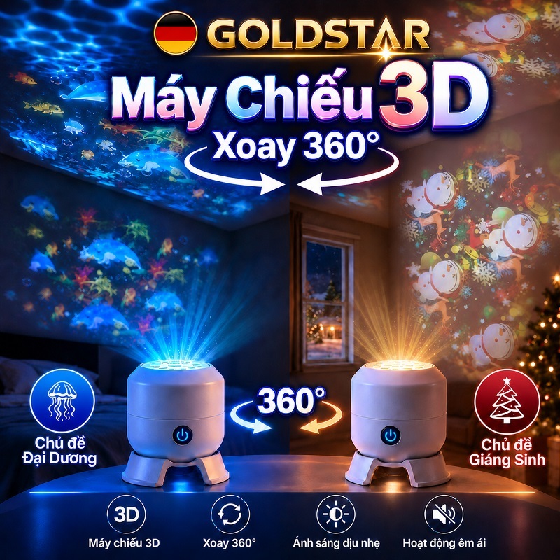 GOLDSTAR Đèn Chiếu LED 3D Xoay 360°, Máy Chiếu Đại Dương Ánh Sáng Động USB, Đèn Ngủ Trang Trí Phòng Ngủ Cho Bé