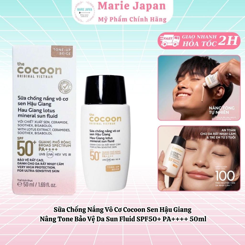 Sữa Chống Nắng Vô Cơ Cocoon Sen Hậu Giang Nâng Tone Bảo Vệ Da Sun Fluid SPF50+ PA++++ 50ml