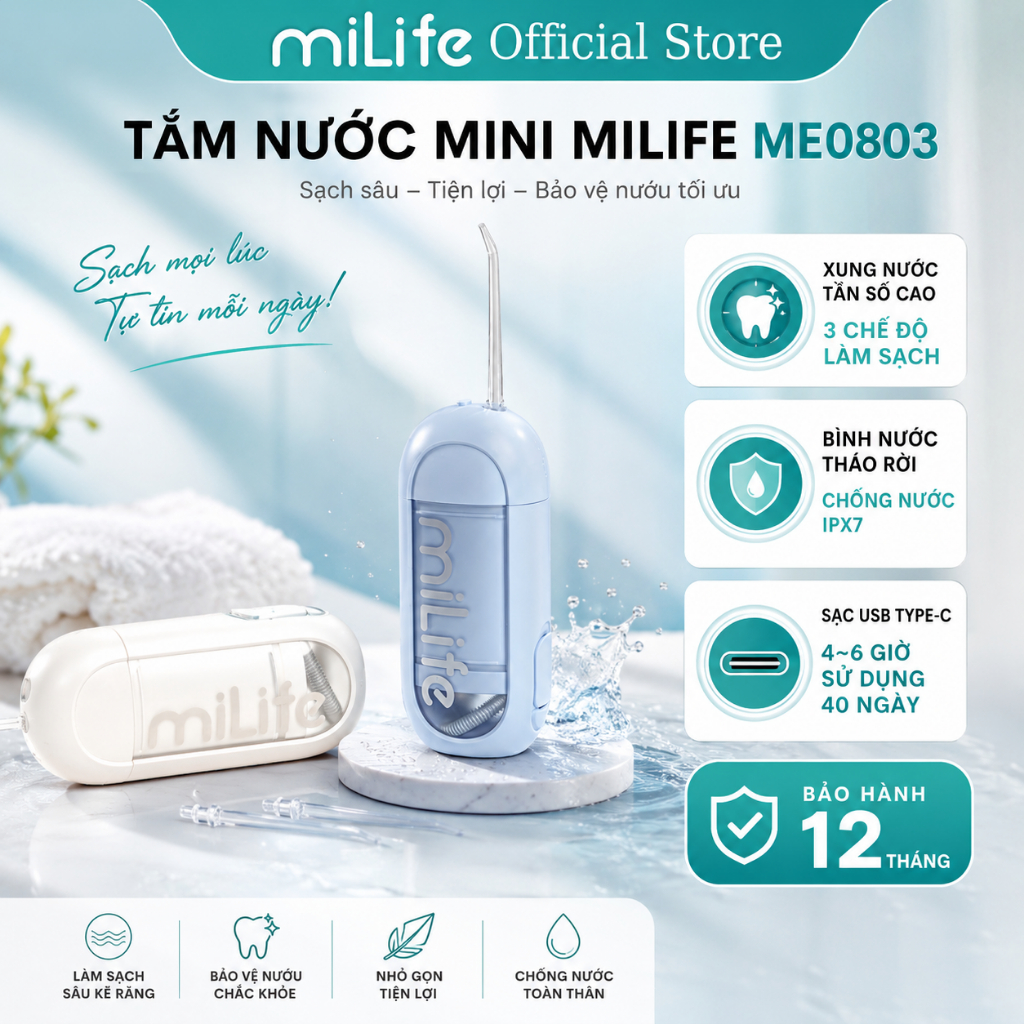 Máy tăm nước miLife MEO803 pin 40 ngày, 3 chế độ phun