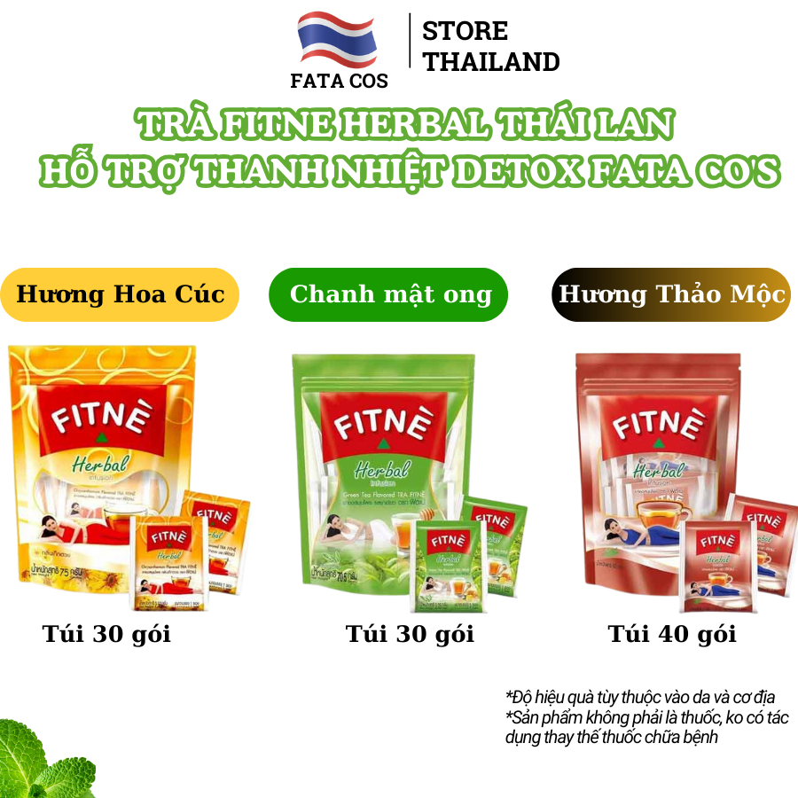 Trà Fitne Thái Lan, [SVIP] trà Fitne hương thảo mộc, vị trà xanh, vị hoa cúc 30 túi, 40 túi lọc Fata Co's
