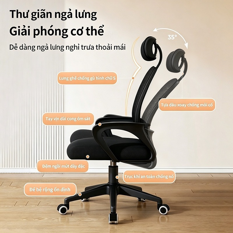 Ghế công thái học NOVA có tựa đầu xoay nâng hạ, đệm mút cao cấp, lưng rộng, chân thép chắc chắn | BigBuy360 - bigbuy360.vn