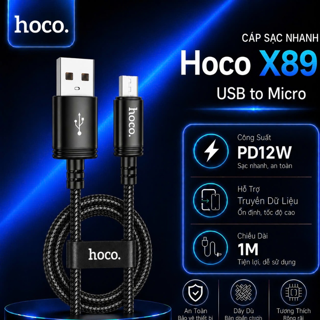 Cáp sạc nhanh hỗ trợ truyền dữ liệu PD12W USB to Micro Hoco X89 dành cho Android phone, dây dù bền bỉ dài 1M