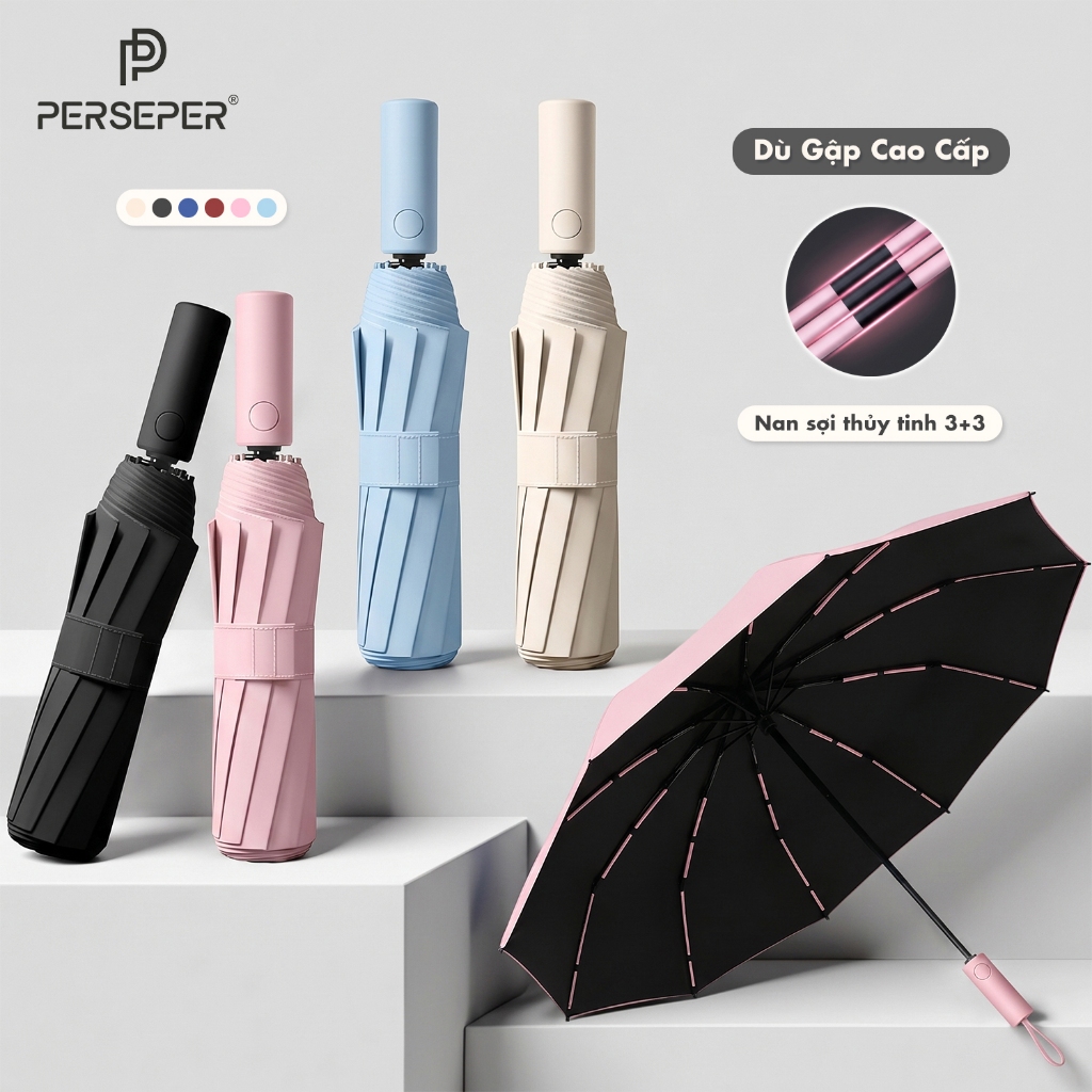 [HCM] Ô Dù Perseper Tự Động Đóng Mở 12 Nan Kép Cứng Chống Gió Lật, Dù Gập Tự Động Chống Tia UV