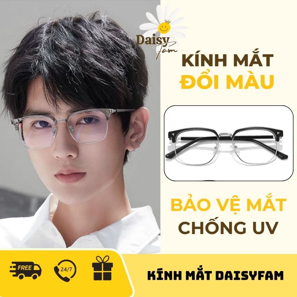 Mắt kính nam đổi màu cận chống ánh sáng xanh UV thời trang gọng nửa viền kim loại titan cao cấp hiện đại