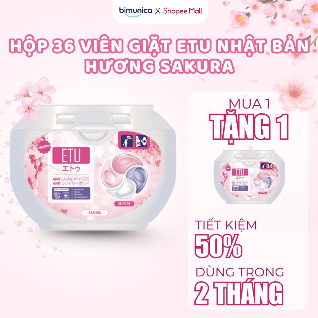 Viên Giặt Quần Áo ETU 4In1 Hương Sakura Hoa Anh Đào - Thơm Sạch Dịu Cho Trẻ Em/Da Nhạy Cảm, Mềm Vải