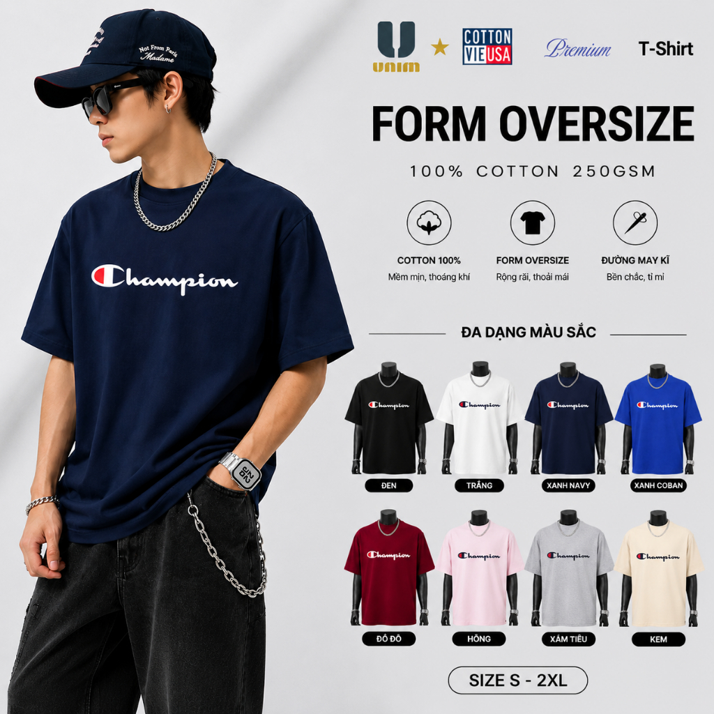Áo Thun Cchampion Unim Fashion Form Rộng Nam Nữ Cotton 250gsm Phong Cách Đường Phố