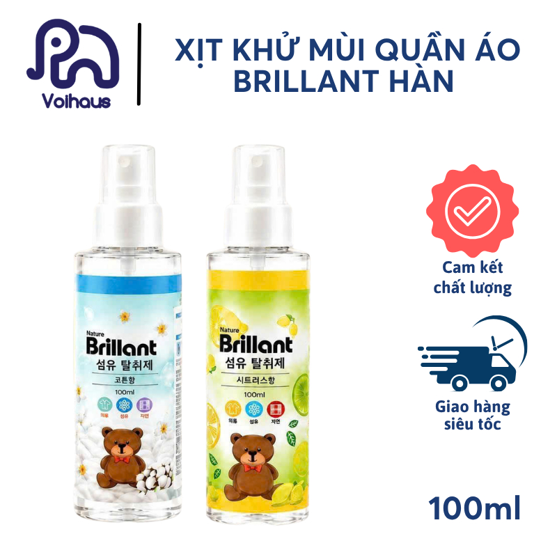 Xịt Khử Mùi Quần Áo Nature Brillant 100ml Hàn Quốc - Xịt Thơm Vải Cotton & Citrus, Khử Mùi Quần Áo, Chăn Ga, Sofa