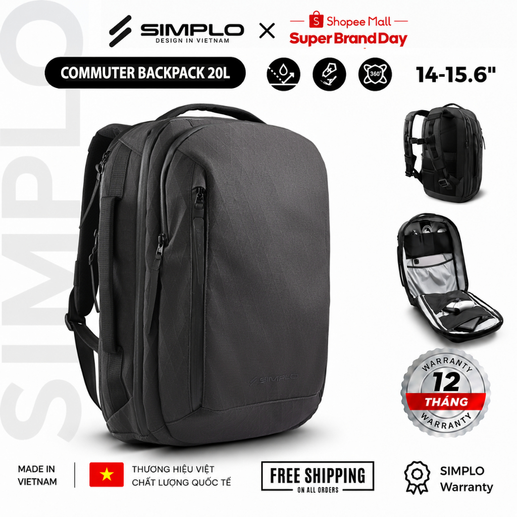 Balo Laptop SIMPLo Commuter Pack 20L Chống Nước Đựng Laptop 16 Inch Đi Làm Du Lịch EDC Techwear