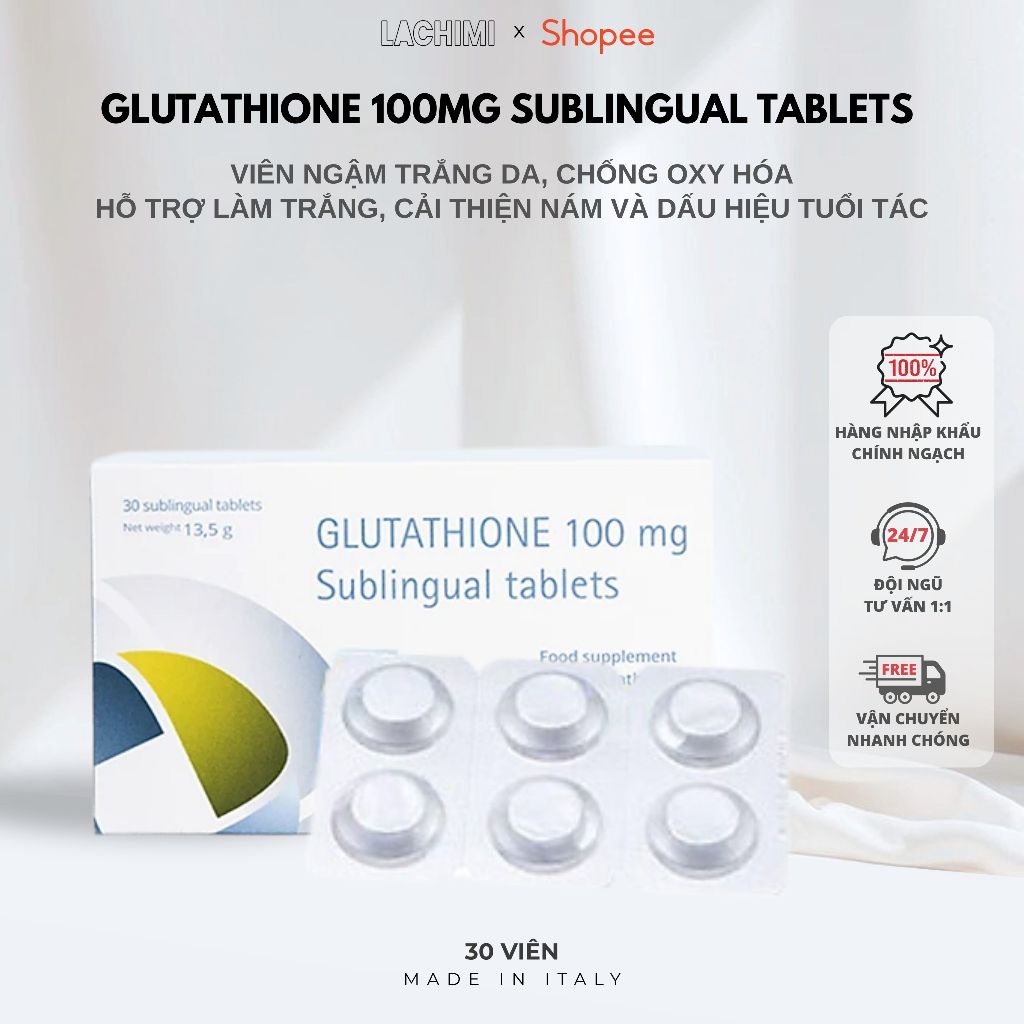 Viên ngậm trắng da GLUTATHIONE 100MG SUBLINGUAL TABLETS chống oxy hóa, giảm thâm nám Lachimi Hộp 30V