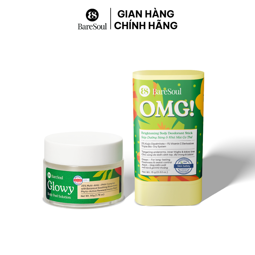 Combo Peel Glowy 50g + Sáp dưỡng sáng & khử mùi BareSoul OMG Xanh 15g