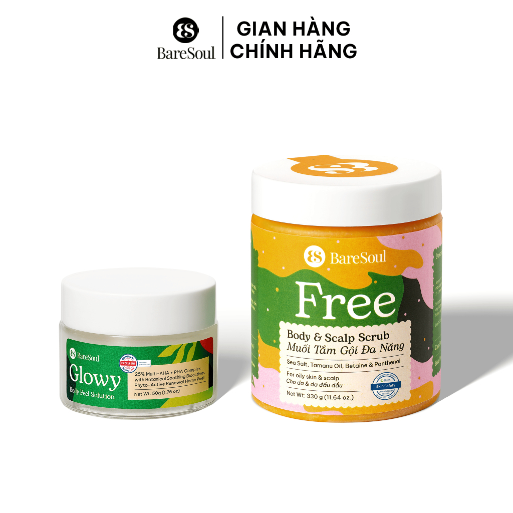 COMBO Peel giảm thâm cơ thể Baresoul Glowy Peel 50g + Muối tắm gội đa năng Baresoul FREE 330g (ver 3.0)