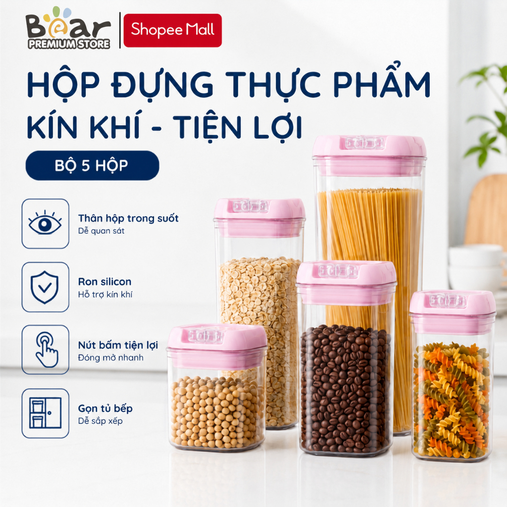 Bộ 5 Hũ Nhựa Bảo Quản Thực Phẩm - Nắp Silicon Kín Khí Hình Chân Mèo
