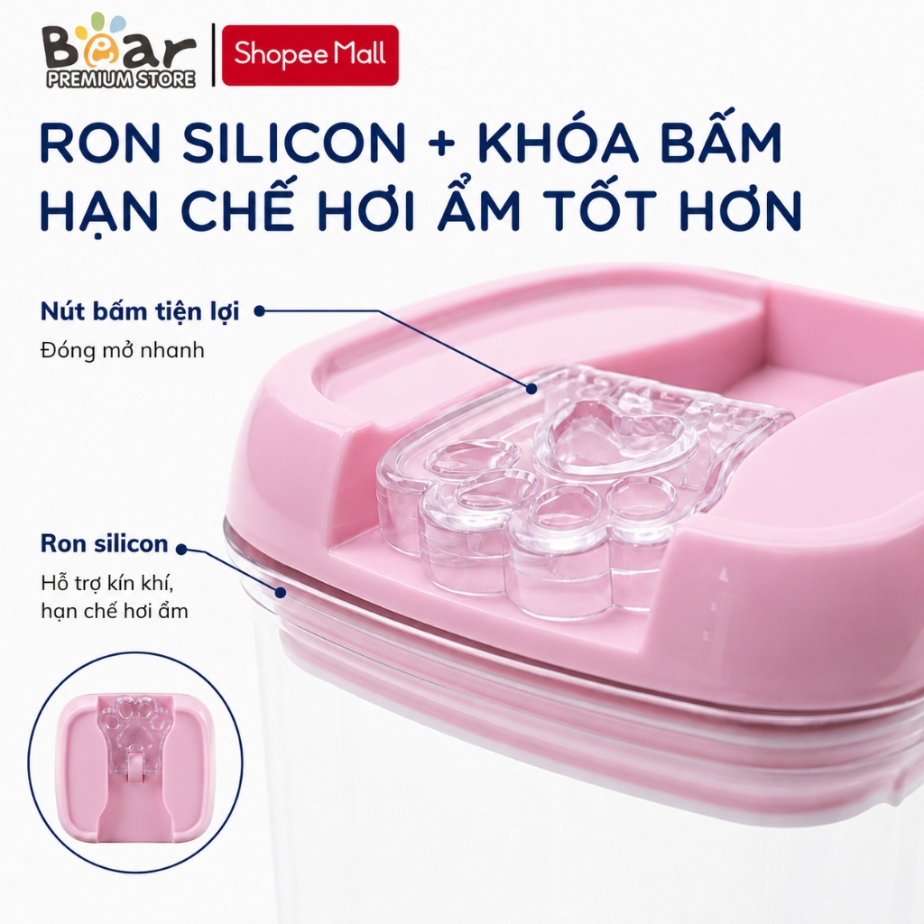 Bộ 5 Hũ Nhựa Bảo Quản Thực Phẩm - Nắp Silicon Kín Khí Hình Chân Mèo | BigBuy360 - bigbuy360.vn