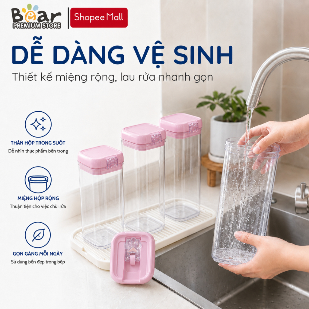 Bộ 5 Hũ Nhựa Bảo Quản Thực Phẩm - Nắp Silicon Kín Khí Hình Chân Mèo | BigBuy360 - bigbuy360.vn
