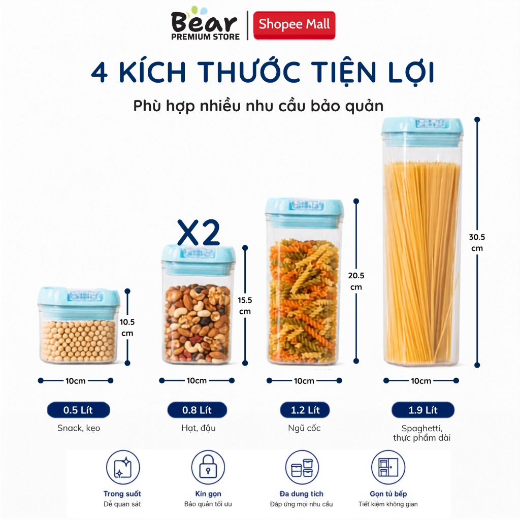 Bộ 5 Hũ Nhựa Bảo Quản Thực Phẩm - Nắp Silicon Kín Khí Hình Chân Mèo | BigBuy360 - bigbuy360.vn