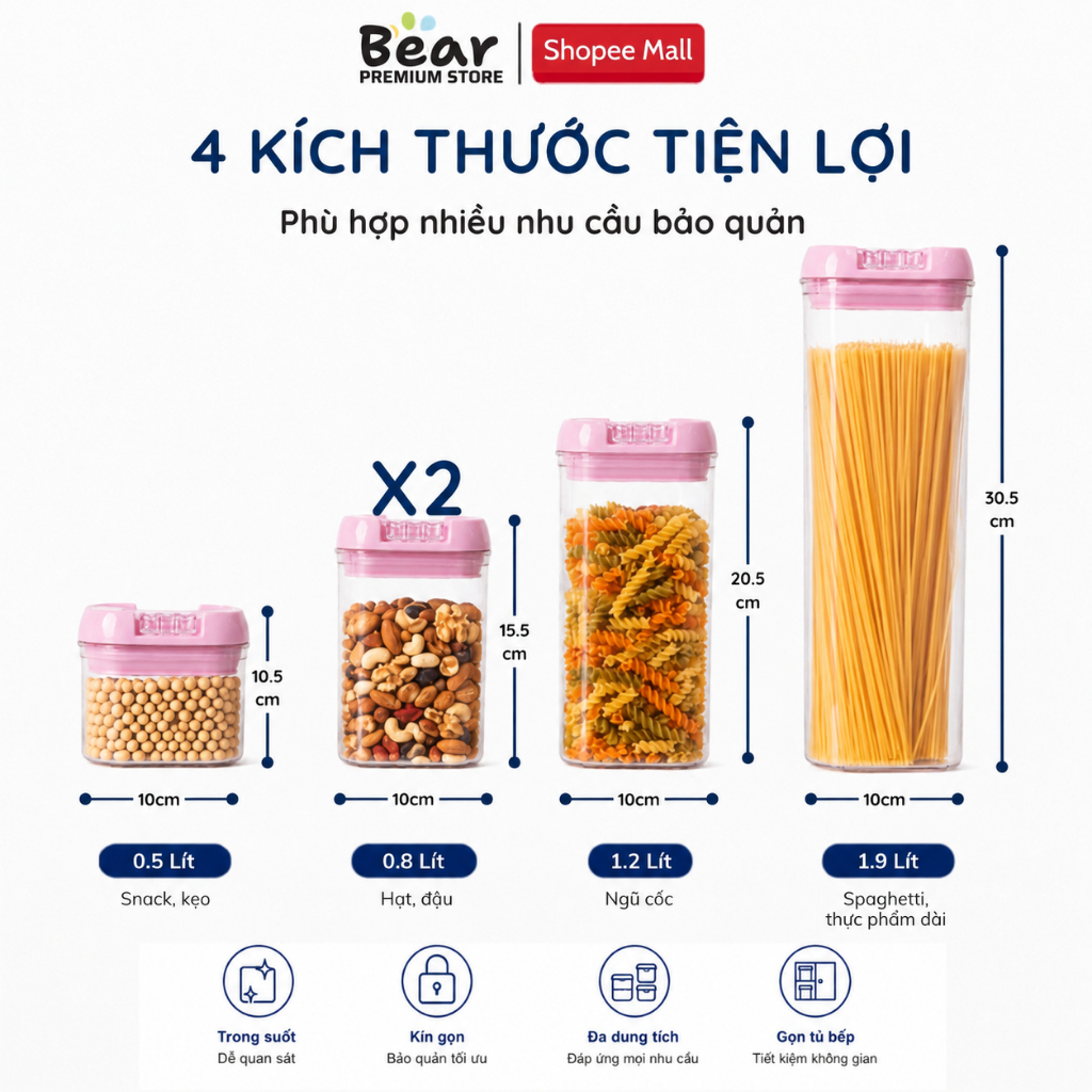 Bộ 5 Hũ Nhựa Bảo Quản Thực Phẩm - Nắp Silicon Kín Khí Hình Chân Mèo | BigBuy360 - bigbuy360.vn
