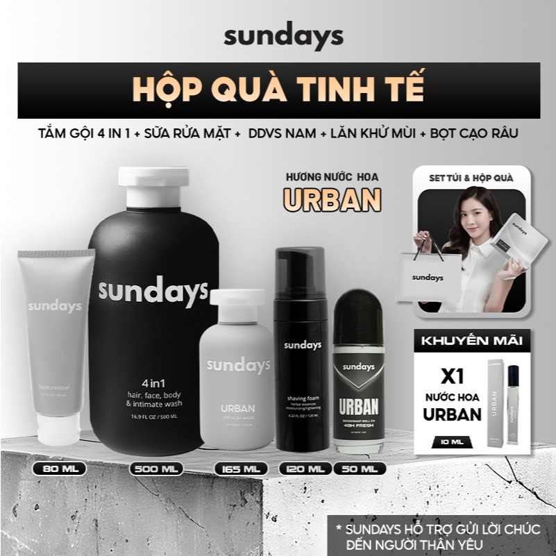 [SET QUÀ 19.11]Combo Set Quà Tặng Bạn Trai Sundays- Sữa Tắm Gội Nam 2in1 Giảm Mụn Lưng + Sữa Rửa Mặt + Dung Dịch Vệ Sinh