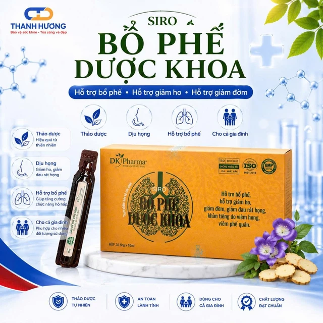 Siro Ho Thảo Dược bổ phế dạng ống Dược Khoa - Bổ Phế, Giảm Ho Nhanh, Tăng Cường Hô Hấp - Hộp 20 Ống X 10ml DK PHARMA