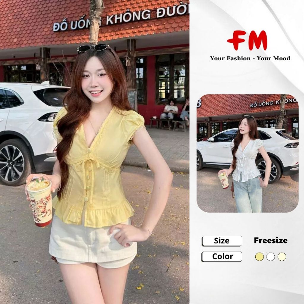 Áo Kiểu Nữ Tay Ngắn Cánh Tiên Cổ V Ren 6 Nút Bọc Áo Nữ Thiết Kế Tôn Dáng Dễ Thương 26070116