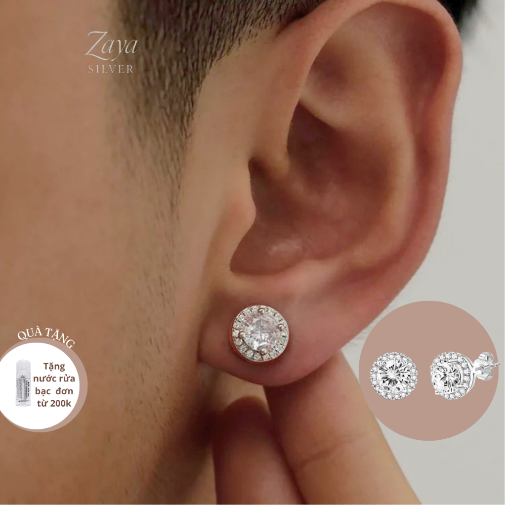 Bông tai bạc cho nam nữ đính đá cao cấp Cubic Zirconia - Khuyên tai bản nụ tròn sang trọng ZAYA SILER  [BH Trọn Đời]