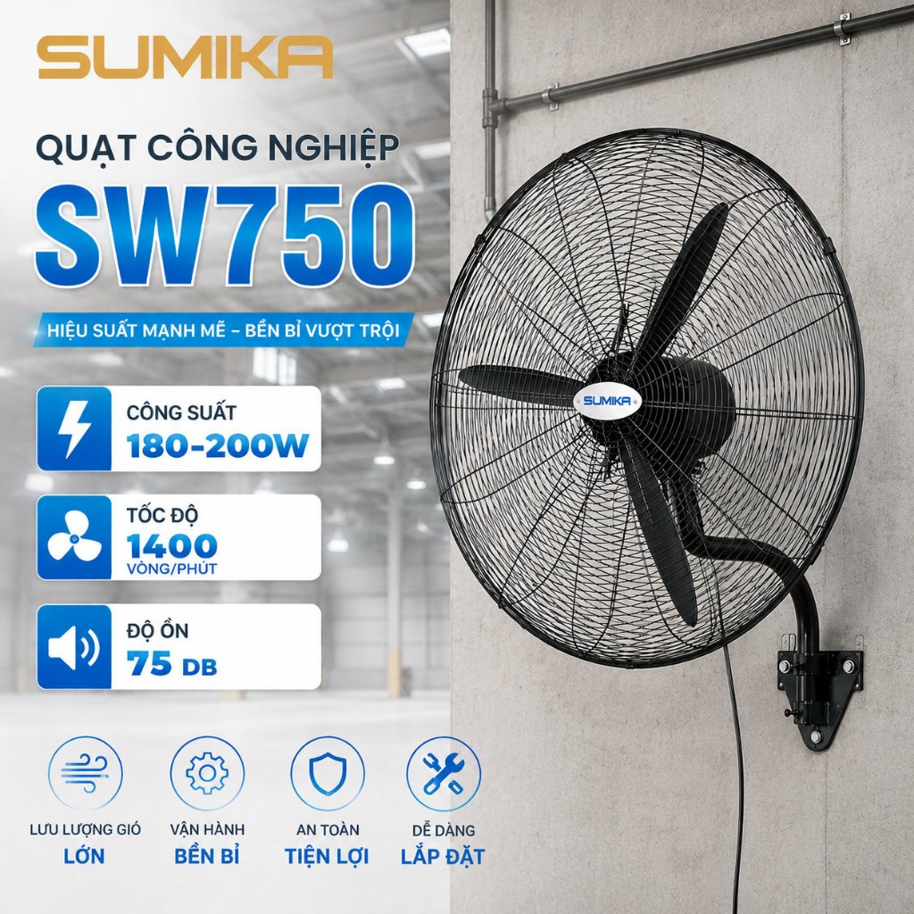 SUMIKA Quạt Treo Công Nghiệp SW750, Công Suất 180W, Lưu Lượng Gió 25.000 m³/h, 3 Tốc Độ