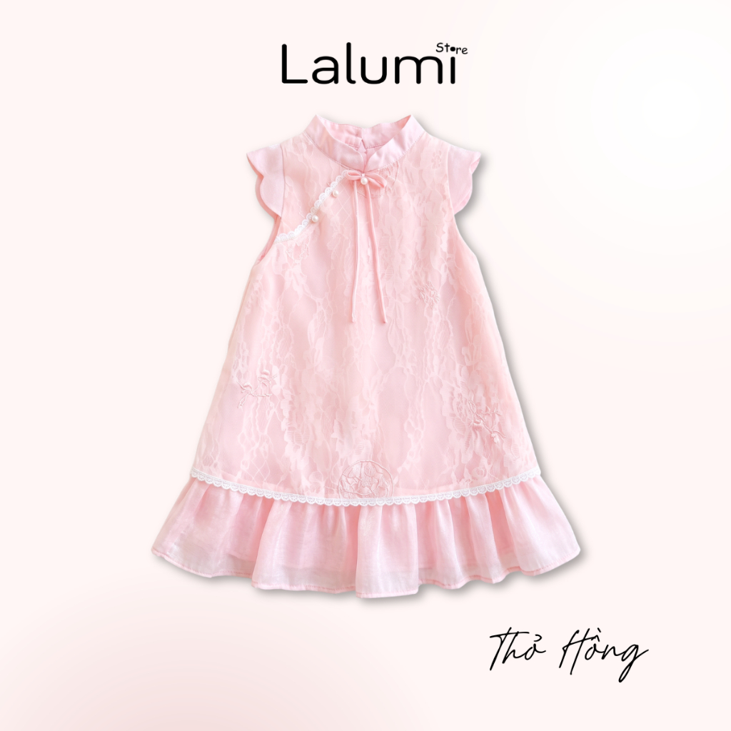 Set Váy Cách Tân THỎ HỒNG cho bé gái vải tơ hoa thêu nổi viền ren 2 lớp size 8-33kg LALUMI STORE