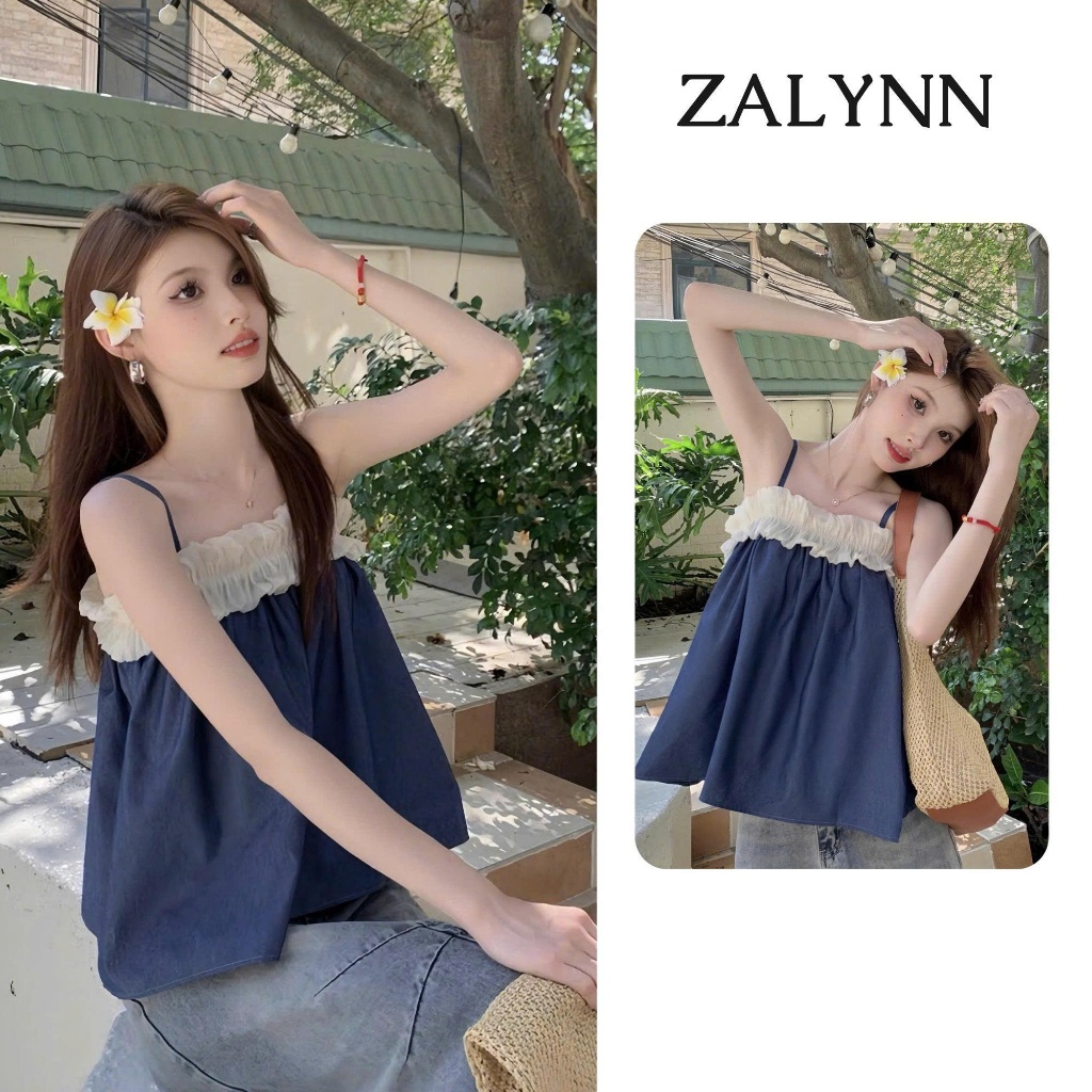 Áo hai dây nữ phối tơ bèo ngực phong cách tiểu thư xinh xắn chất vải đũi mềm - SM39 ZALYNN.