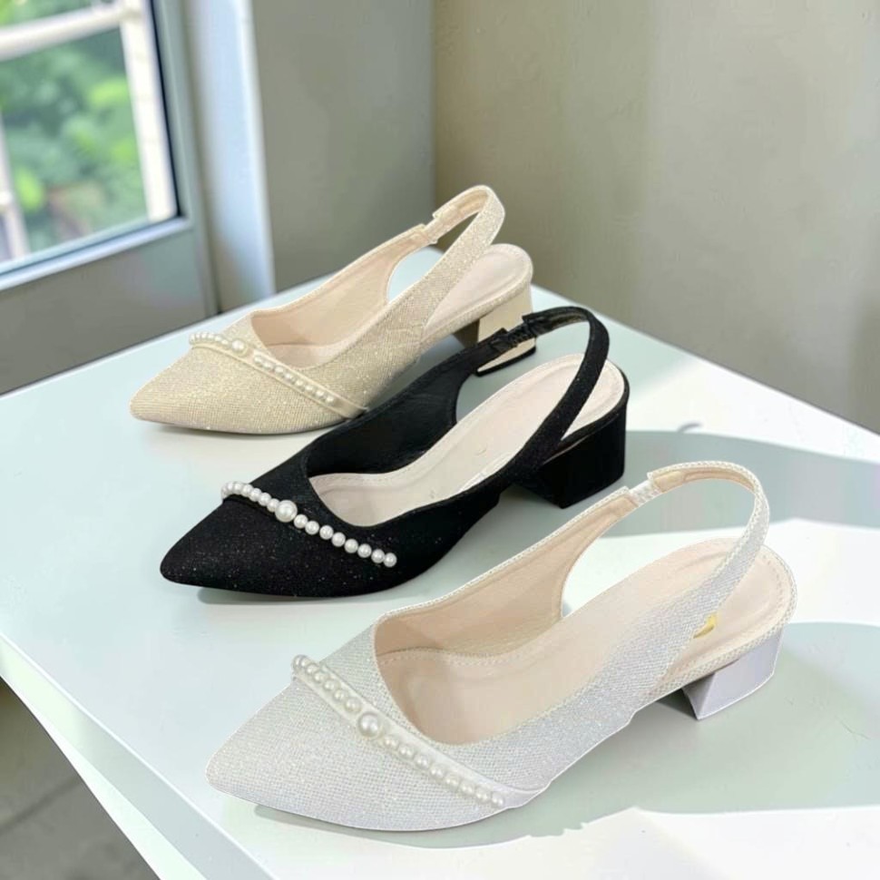 Giày Cao Gót Vuông Nữ 3cm 5cm 7cm Bít Mũi Da Nhũ Dây Hạt Châu BM142