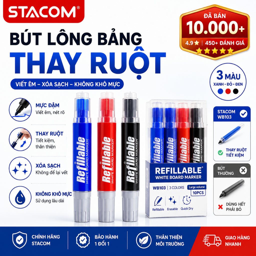 Bút Lông Bảng Stacom WB103 Không Khô Mực, Thay Ruột, Xóa Dễ, Chống Bám Bẩn, Màu Xanh/Đỏ/Đen Chính Hãng