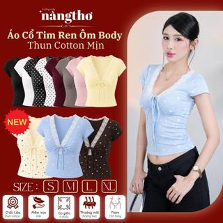 Áo Kiểu Nữ Ôm Body Y2K Cổ Tim Phối Ren Cột Dây Chất Thun Cotton Mịn