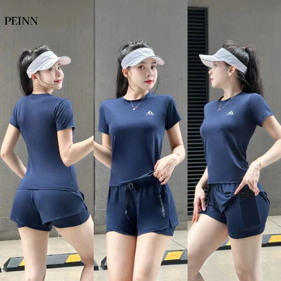 [Peinn] (CÓ TÚI) Bộ Tập Gym Nữ, Quần Áo Tập Yoga Aerobic Pickleball Chạy Bộ Đạp Xe Nữ Áo Cộc Tay Quần Đùi 2 LớpNg18