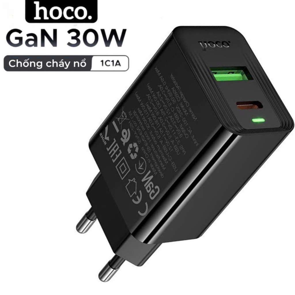 Củ sạc nhanh 30W công nghệ GAN hoco cục sạc 2 cổng usb và type c dùng cho phone xiaomi samsung ...