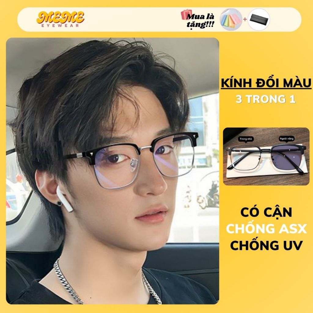 Mắt kính nam đổi màu cận chống ánh sáng xanh UV thời trang gọng nửa viền kim loại titan cao cấp hiện đại MEME Y15