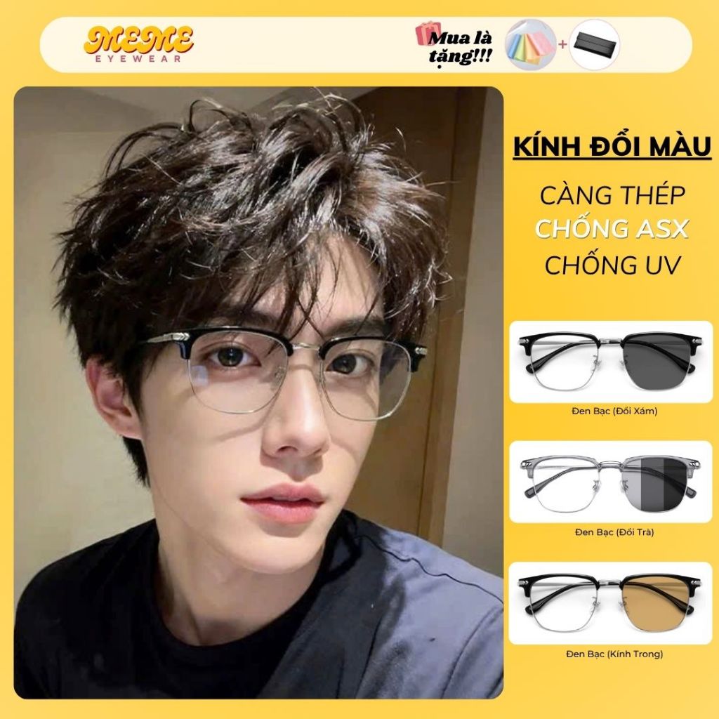 Mắt kính nam đổi màu chống ánh sáng xanh uv gọng kính vuông nửa viền kim loại cao cấp thời trang Hàn Quốc kính mắt Y19
