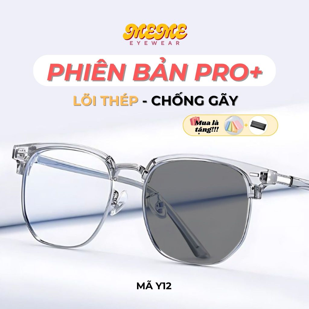 Mắt kính nam nữ đổi màu cận chống uv ánh sáng xanh gọng kính tròn vuông nửa viền cao cấp kim loại nhựa kính mắt MEME Y12