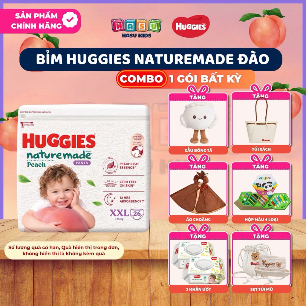 [KÈM QUÀ] Tã/ Bỉm Huggies Naturemade Peach Đào, làm dịu da an toàn, khô thoáng,thấm hút tốt, đủ size M58/L44/XL38/XXL26
