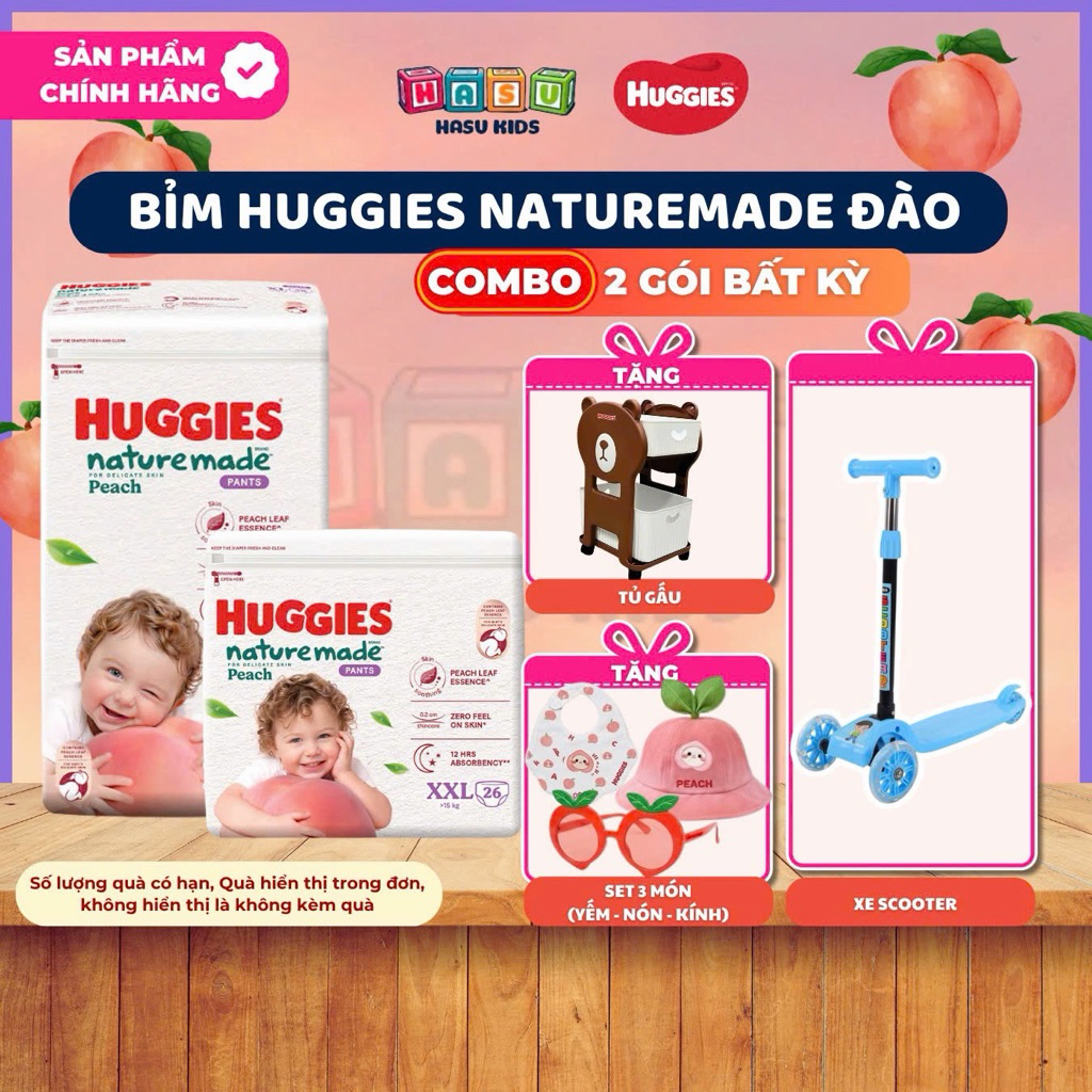 [KÈM QUÀ] Combo 2G Tã/ Bỉm Huggies Naturemade Peach Đào,làm dịu da an toàn,khô thoáng,thấm hút,size M58/L44/XL38/XXL26