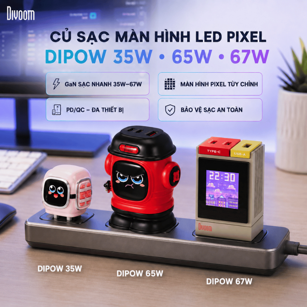 Củ sạc màn hình led Dipow - 35W/65W/67W  Divoom, 3 cổng sạc ra, hỗ trợ sạc nhanh PD, chính hãng, bảo hành 1 năm