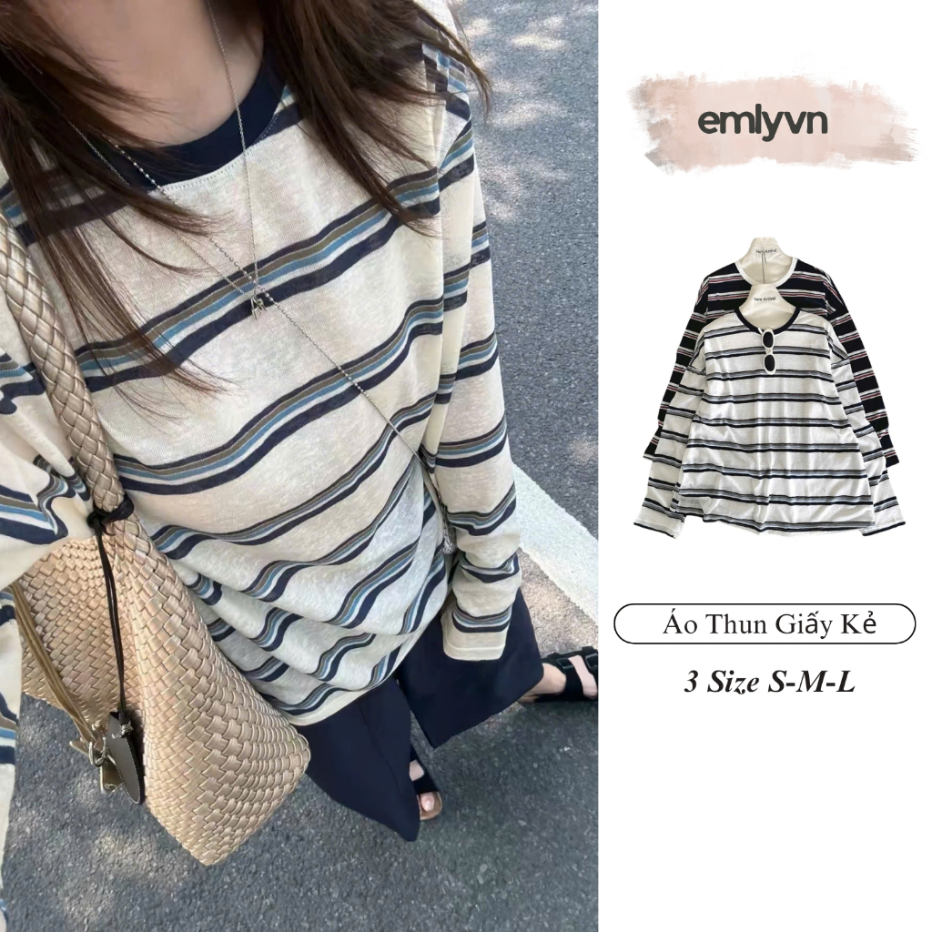 EMLY - Áo Thun Giấy Kẻ Dài Tay Nữ Form Rộng Cổ Tròn Mềm Nhẹ Mùa Thu Đông Phong Cách Hàn Quốc