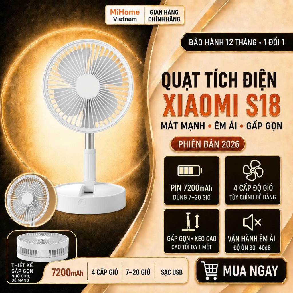 Quạt tích điện gấp gọn Xiaomi S18 màu trắng với chân đế tròn
