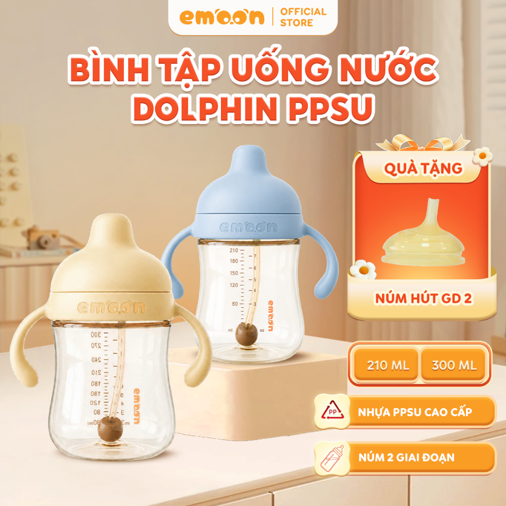 Bình tập hút nước Dolphin Emoon chất liệu PPSU thiết kế chuẩn y khoa bảo vệ răng miệng, hỗ trợ tập hút cho bé từ 6 tháng