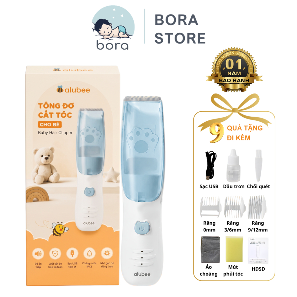 Tông đơ cắt tóc cho bé Alubee kèm hút tóc - cắt êm hút gọn an toàn cho bé từ sơ sinh