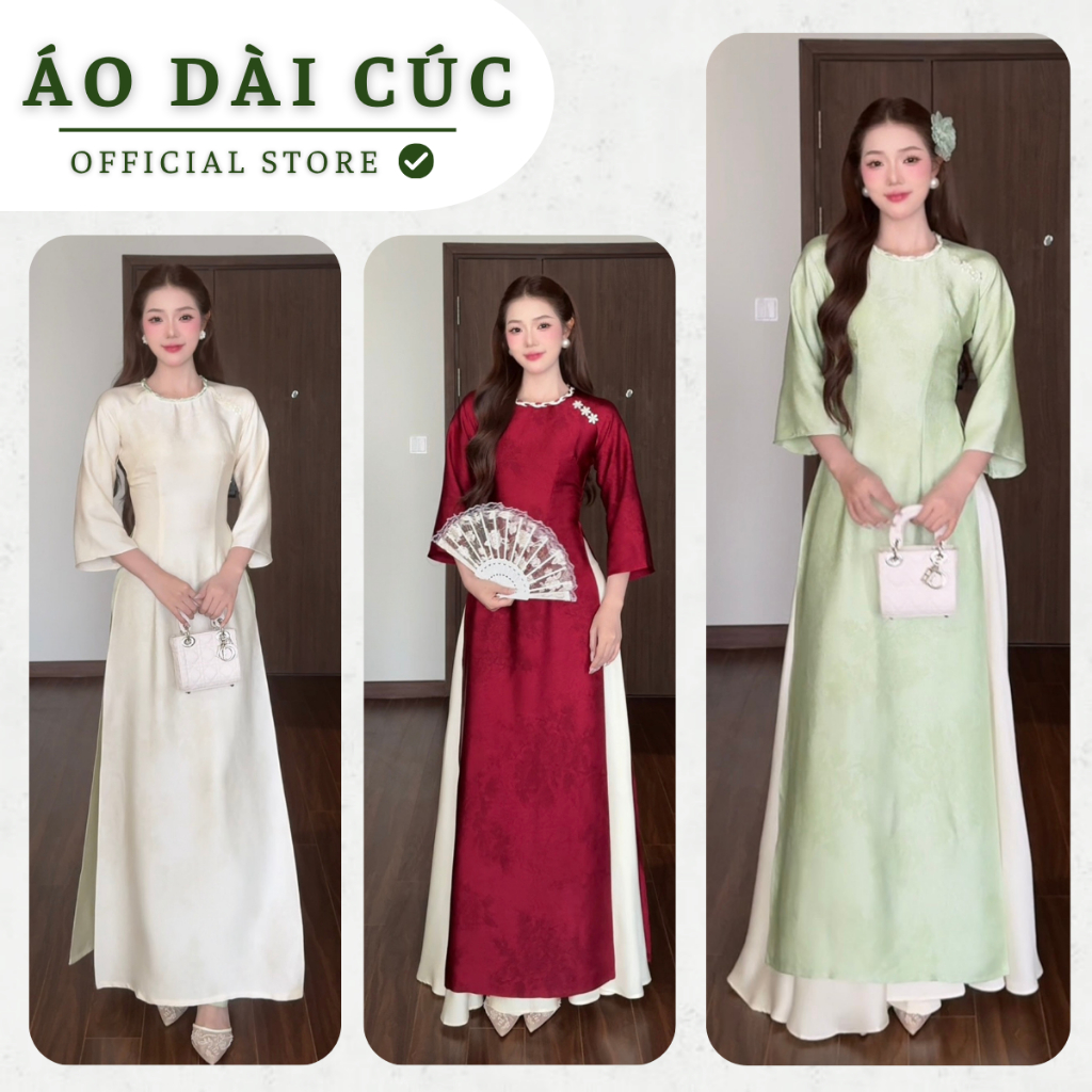 Áo dài TỊNH GIAO ,áo dài truyền thống tết cổ , đính charm cách điệu,tay loe tà dài rộng chữ A dịu dàng- Áo Dài Cúc