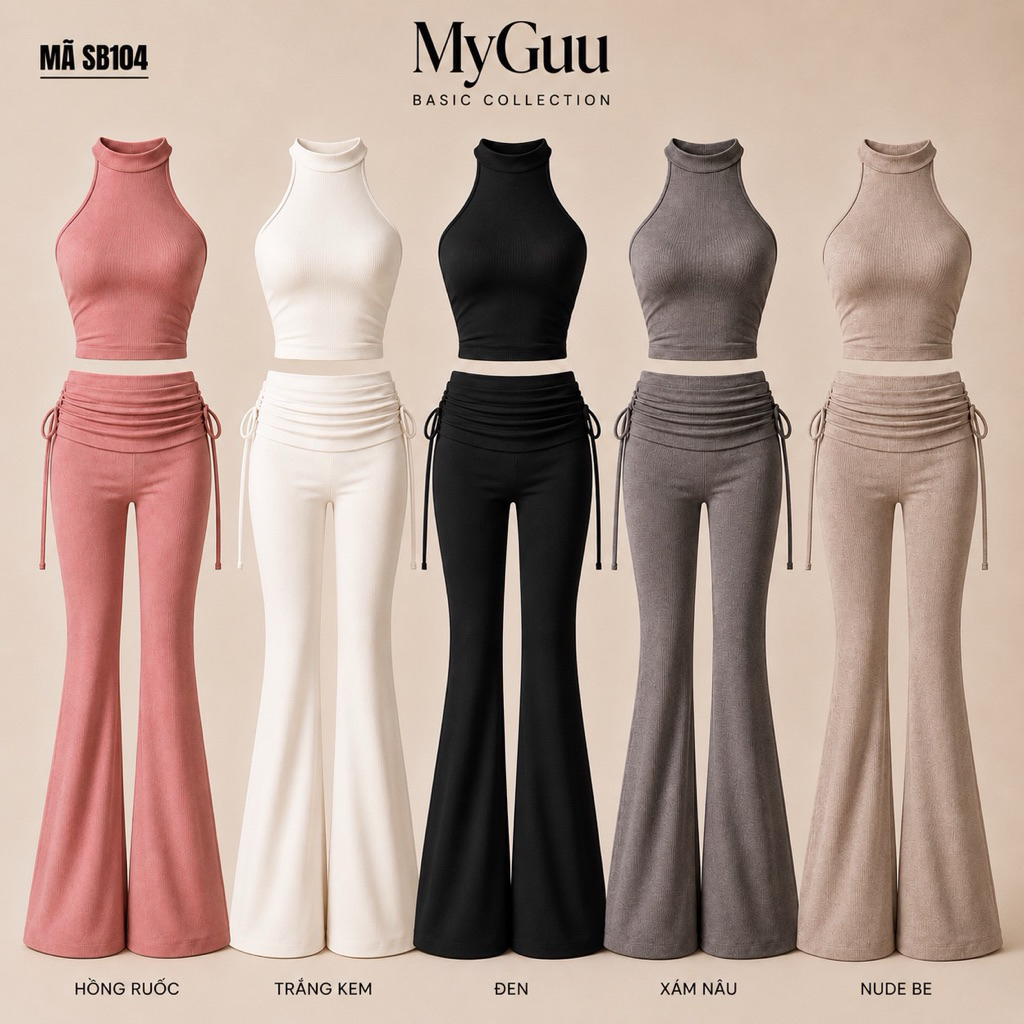 SB104 - Set bộ áo yếm cổ cao quần loe nhún kiểu 2 dây ôm body Thun Len Rib CC