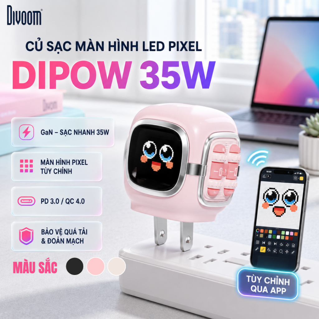 Sạc nhanh PD 35W Dipow Divoom màn hình LED Pixel cổng USB-C chân gập 90 độ chống quá tải và đoản mạch - Chính hãng