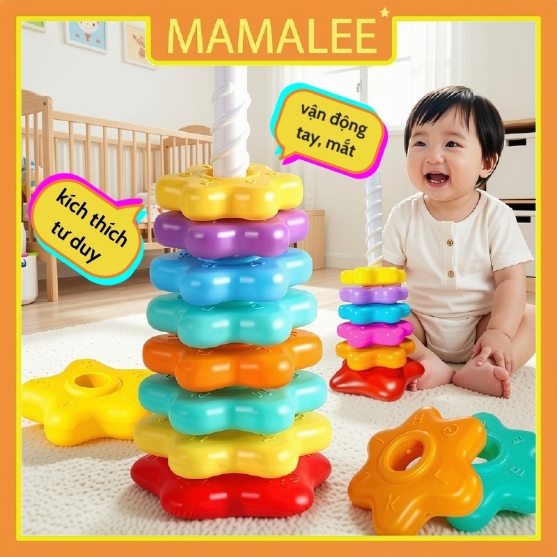 Đồ chơi tháp xoay cầu vồng, tháp xếp chồng màu sắc phát triển khả năng vận động tinh cho bé